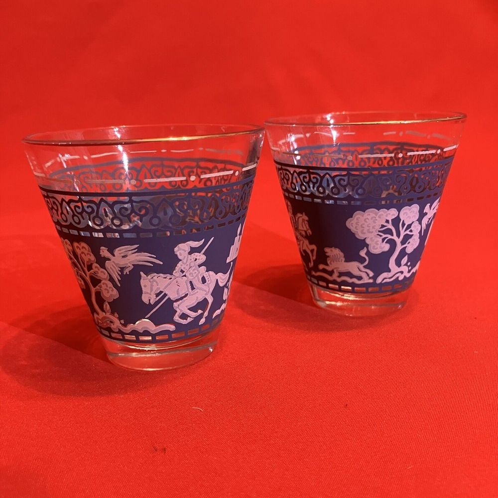 2‎ - Wedgewood Jasperware Arabian Knights Lowball Shot Glasses MCM Blue White